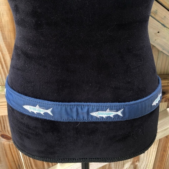 Leather Man Tarpon Fish Blue Ribbon Tan Canvas Belt Brown Leather Tabs Size 36 - Picture 4 of 8